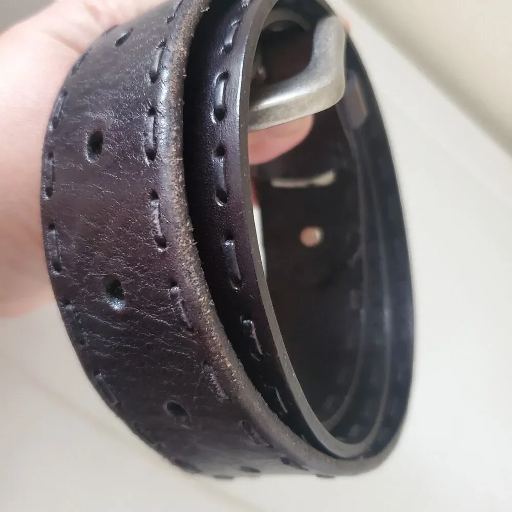Fossil dark brown leather belt with a silver-toned buckle Decorative Stitching L